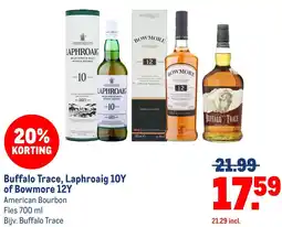 Makro Buffalo Trace, Laphroaig 10Y of Bowmore 12Y aanbieding