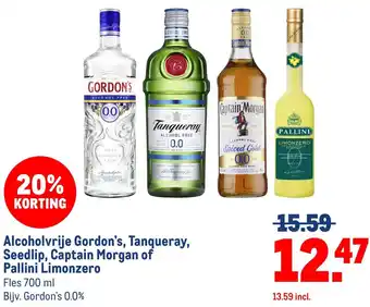 Makro Alcoholvrije Gordon's, Tanqueray, Seedlip, Captain Morgan of Pallini Limonzero aanbieding