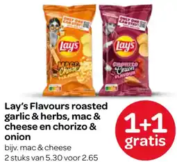 Spar Lay's Flavours roasted garlic & herbs, mac & cheese en chorizo & onion aanbieding