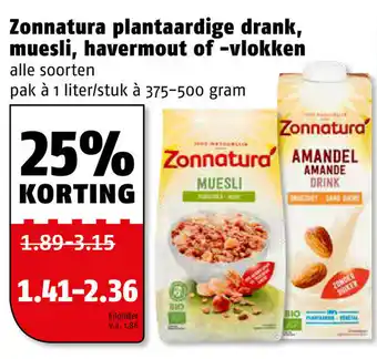 Poiesz Zonnatura plantaardige drank, muesli, havermout of vlokken 375-500 gram aanbieding