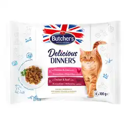Zooplus 32 x 100 g Butcher's Delicious Dinners Kattenmix: kip & lever, kip & rund natvoer aanbieding