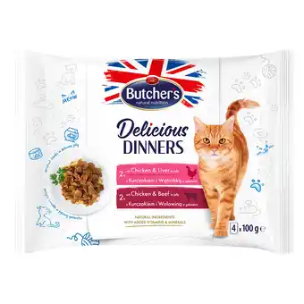 Zooplus 32 x 100 g Butcher's Delicious Dinners Kattenmix: kip & lever, kip & rund natvoer aanbieding
