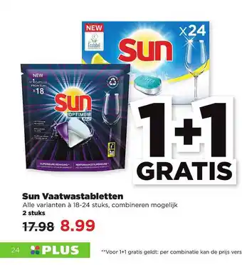 PLUS Sun Vaatwastabletten 1+1 Gratis aanbieding