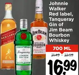 Vomar Voordeelmarkt Johnnie Walker Red label, Tanqueray Gin of Jim Beam Bourbon Whiskey aanbieding