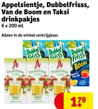 Kruidvat Appelsientje, Dubbelfrisss, Van de Boom en Taksi drinkpakjes aanbieding