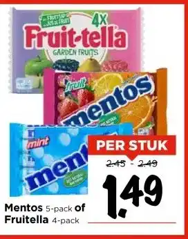 Vomar Voordeelmarkt Mentos 5-pack of Fruitella 4-pack aanbieding