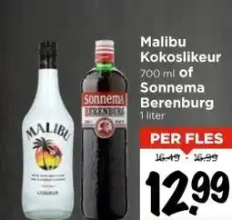 Vomar Voordeelmarkt Malibu Kokoslikeur 700 ml of Sonnema Berenburg 1 liter aanbieding