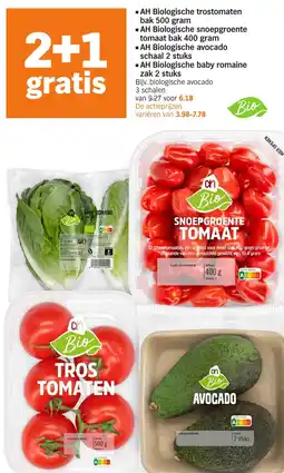 Albert Heijn AH Biologische trostomaten, snoepgroente tomaat, avocado of baby romaine aanbieding