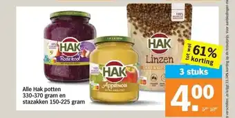 Albert Heijn Alle Hak potten 330-370 gram en stazakken 150-225 gram aanbieding