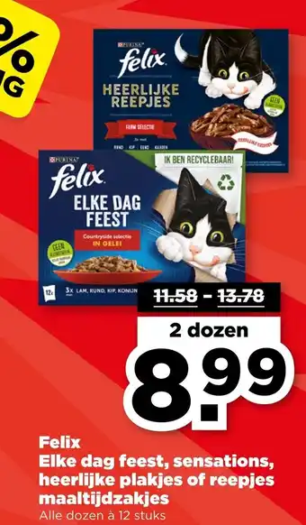 PLUS Felix Elke dag feest, sensations, heerlijke plakjes of reepjes maaltijdzakjes aanbieding