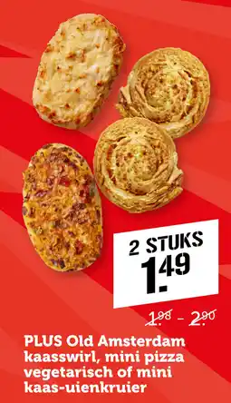Coop PLUS Old Amsterdam kaasswirl, mini pizza vegetarisch of mini kaas-uienkruier aanbieding