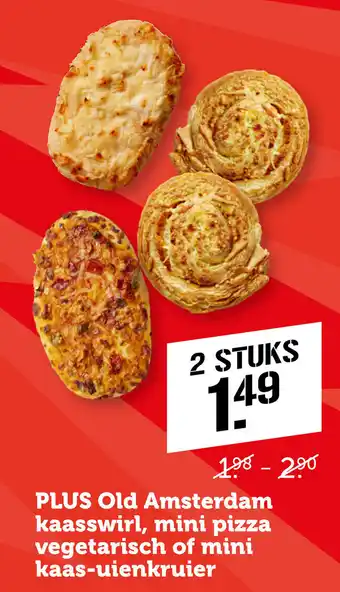 Coop PLUS Old Amsterdam kaasswirl, mini pizza vegetarisch of mini kaas-uienkruier aanbieding