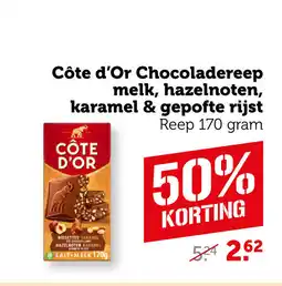 Coop Côte d'Or Chocoladereep melk, hazelnoten, karamel & gepofte rijst aanbieding