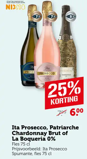 Coop Ita Prosecco, Patriarche Chardonnay Brut of La Boqueria 0% aanbieding