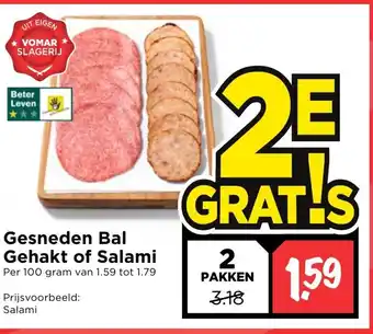 Vomar Voordeelmarkt Gesneden bal gehakt of salami 2*100g aanbieding