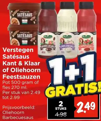 Vomar Voordeelmarkt Verstegen Satésaus Kant & Klaar of Oliehoorn Feestsauzen aanbieding