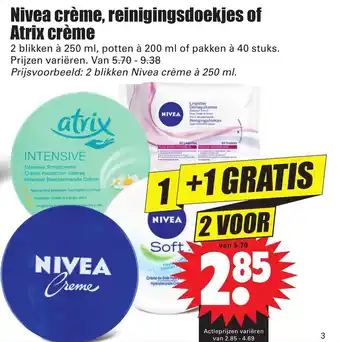 Dirk Nivea creme, reinigingsdoekjes of Atrix creme 250ml aanbieding