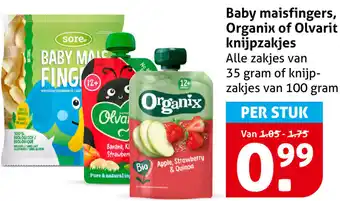 Hoogvliet Baby maisfingers, Organix of Olvarit knijpzakjes aanbieding