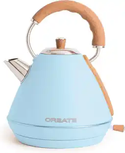 Bol.com CREATE KETEL RETRO L - Waterkoker 1.7L - Roestvrij staal - Pastelblauw & natuurlijk hout aanbieding