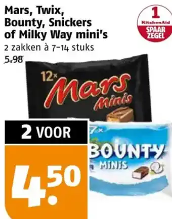 Poiesz Mars, Twix, Bounty, Snickers of Milky Way mini's aanbieding