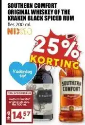 MCD Supermarkt SOUTHERN COMFORT ORIGINAL WHISKEY OF THE KRAKEN BLACK SPICED RUM aanbieding