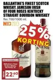 MCD Supermarkt BALLANTINE'S FINEST SCOTCH WHISKY, JAMESON IRISH OF FOUR ROSES KENTUCKY STRAIGHT BOURBON WHISKEY aanbieding