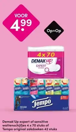 DA Demak'Up expert of sensitive wattenschijfjes 4 x 70 stuks of Tempo original zakdoeken 42 stuks aanbieding
