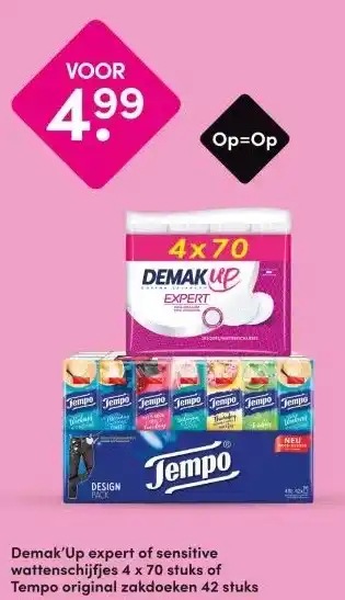 DA Demak'Up expert of sensitive wattenschijfjes 4 x 70 stuks of Tempo original zakdoeken 42 stuks aanbieding