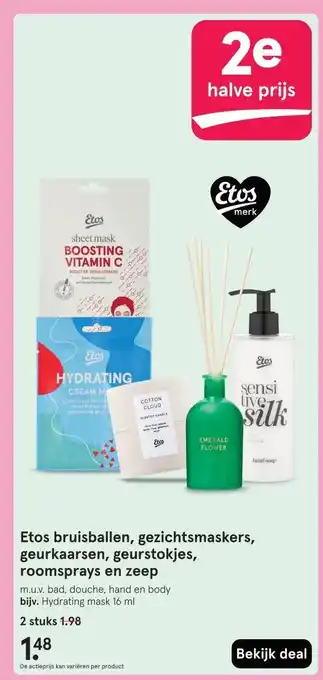 Etos Etos bruisballen, gezichtsmaskers, geurkaarsen, geurstokjes, roomsprays en zeep aanbieding