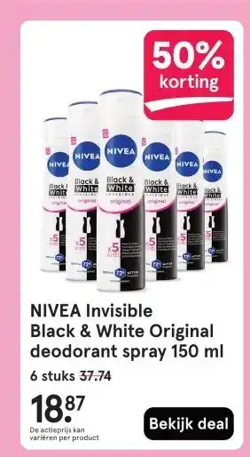 Etos NIVEA Invisible Black & White Original deodorant spray 150 ml aanbieding