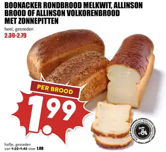 De Boerenschuur Boonacker rondbrood melkwit, allinson brood of allinson volkorenbrood aanbieding
