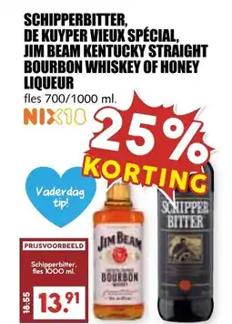 De Boerenschuur Schipperbitter, de kuyper vieux spécial, jim beam kentucky straight bourbon whiskey of honey liqueur aanbieding
