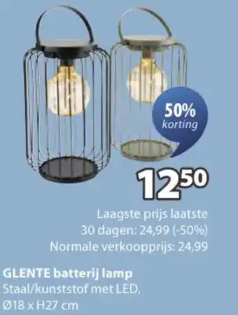 Jysk GLENTE batterij lamp aanbieding