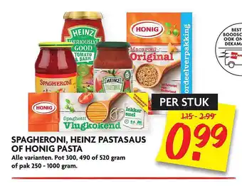 Dekamarkt Spagheroni, Heinz Pastasaus Of Honig Pasta aanbieding