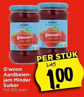Vomar Voordeelmarkt G'woon Aardbeien jam Minder Suiker aanbieding