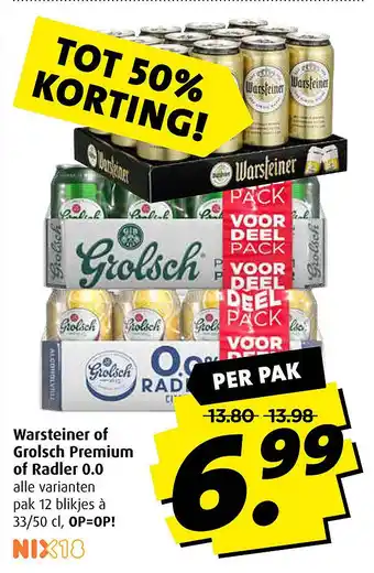 Boni Warsteiner of Grolsch Premium of Radler 0.0 aanbieding