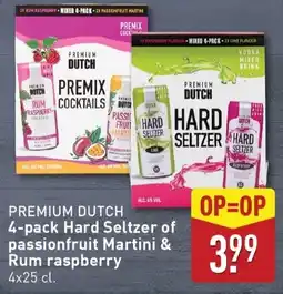 ALDI Premium dutch hard seltzer of passionfruit martini & rum raspberry aanbieding
