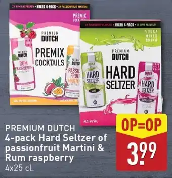 ALDI Premium dutch hard seltzer of passionfruit martini & rum raspberry aanbieding
