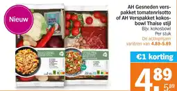 Albert Heijn AH Gesneden verspakket tomatenrisotto of AH Verspakket kokosbowl Thaise stijl aanbieding