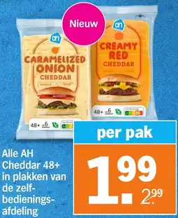 Albert Heijn Alle AH Cheddar 48+ in plakken van de zelfbedienings- afdeling aanbieding
