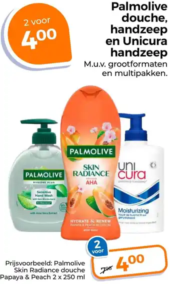 Trekpleister Palmolive douche, handzeep en Unicura handzeep aanbieding