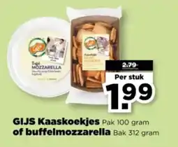 PLUS Gijs Kaaskoekjes of Buffelmozzarella aanbieding
