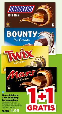 PLUS Mars, Snickers, Twix of Bounty Ice cream bars aanbieding