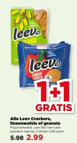 PLUS Alle Leev Crackers, linzenwafels of granola aanbieding