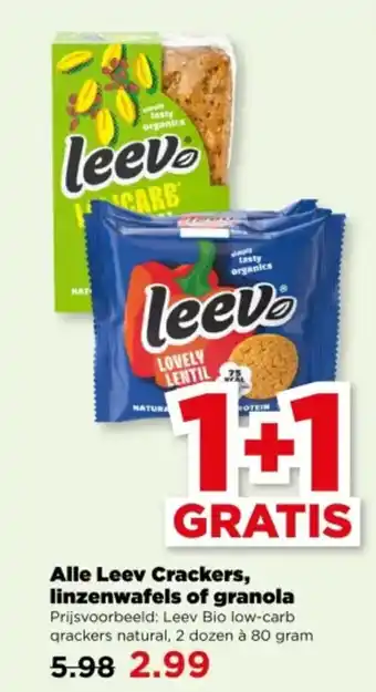 PLUS Alle Leev Crackers, linzenwafels of granola aanbieding