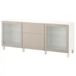 IKEA BestÅ Opberger met lades, wit lappviken/stubbarp/licht grijsbeige helder glas, 180x42x74 cm aanbieding