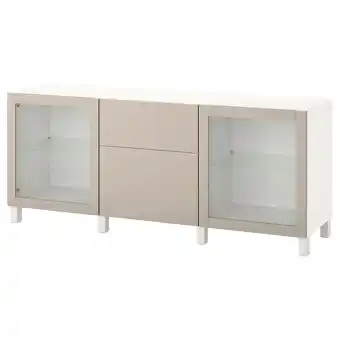 IKEA BestÅ Opberger met lades, wit lappviken/stubbarp/licht grijsbeige helder glas, 180x42x74 cm aanbieding