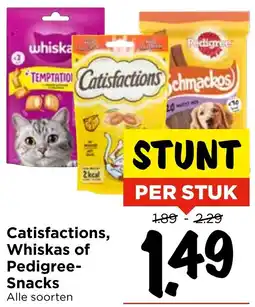 Vomar Voordeelmarkt Catisfactions, Whiskas of Pedigree Snacks aanbieding