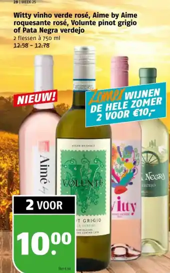 Poiesz Witty vinho verde rosé, Aime by Aime roquesante rosé, Volunte pinot grigio of Pata Negra verdejo aanbieding