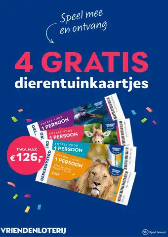 Vriendenloterij 4 GRATIS dierentuinkaarties aanbieding